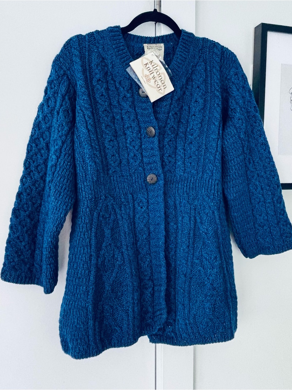 Vintage NWT Kilronan Blue Merino Wool Chunky Cable Knit Cardigan Size Large